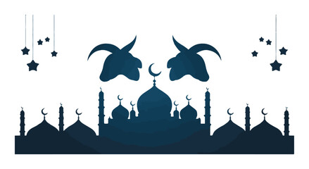 Islamic silhouette banner with goat heads and mosque dome for eid al adha celebration greeting background art. © Siyam Islam