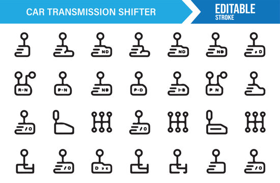 Editable Stroke Car Shifter Icons for Vehicle Dashboard and Auto Repair Graphics