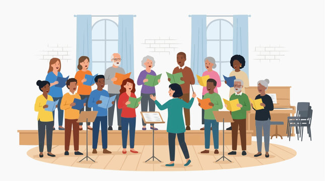 Diverse group of people singing in a choir with a conductor and piano vector style