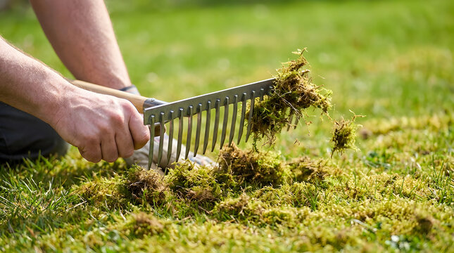Removing moss from lawn with garden rake | Professional lawn scarification and maintenance | Spring garden cleaning and lawn care | Hands of gardener raking thatch from grass