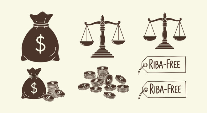 Ethical Finance and Islamic Banking Icons Set featuring Money Bags Scales and Riba Free Price Tags
