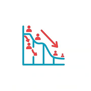 People descend down a steep decline. Red arrows show downward movement. Blue lines form a jagged slope. Figures shrink as they fall lower. Loss, decline, or reduction may be implied