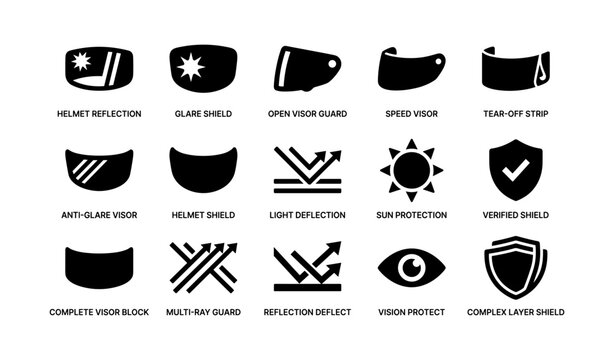 Helmet visor icons showing shield features in grid layout