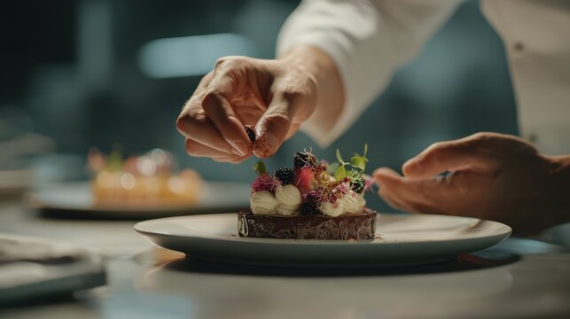 Black chef pausing to inspect dessert details, thoughtful expression, minimal environment, ultra realism