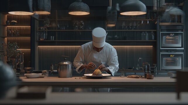 Black chef pausing to inspect dessert details, thoughtful expression, minimal environment, ultra realism