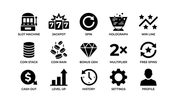 Casino and slot game icons arranged in grid on white background