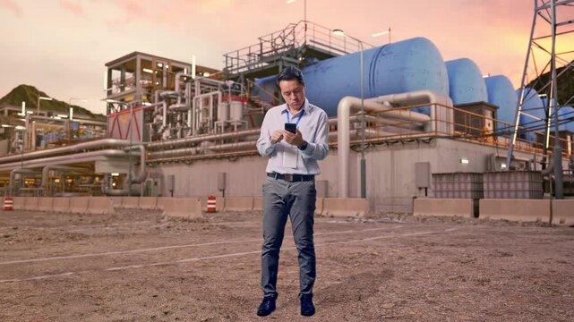 Full Body Of Asian Male Worker With His Smartphone at Plant with Gas Storage Tanks and Complex Pipeline System at Sunset, He Is Nodding His Head With Dissapionted