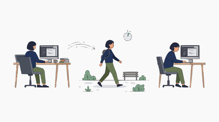 Fototapeta premium Person working on computer takes a break walking in park then returns to work vector style