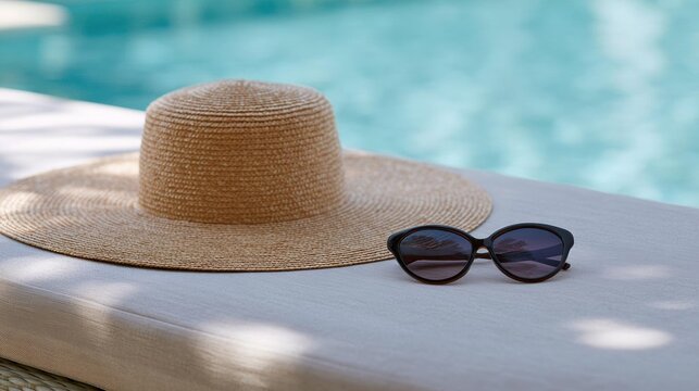 Pair of sunglasses and a straw hat resting on a white lounge chair next to a swimming pool. the sunglasses are black and have a round frame with dark lenses.