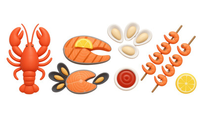 Obraz premium Seafood Feast Plate: A sticker collection with a serving of grilled salmon with lemon, oysters on the half shell, a lobster, a crab, grilled shrimp, a fish fillet, mussels, a cocktail sauce bowl