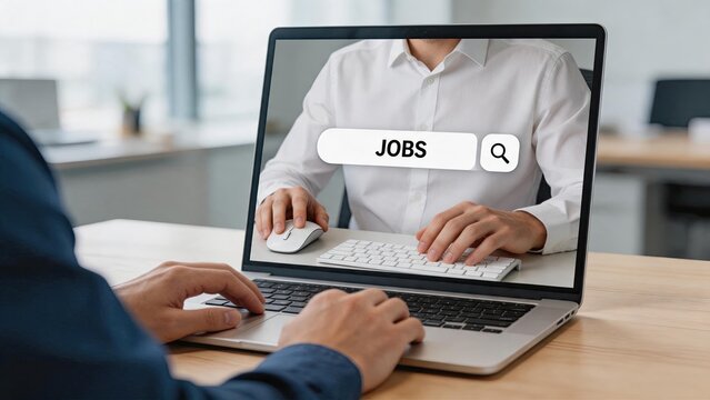 Job search online on laptop computer screen, employment opportunity concept, career finding process, recruitment hiring platform for professional workforce development and human