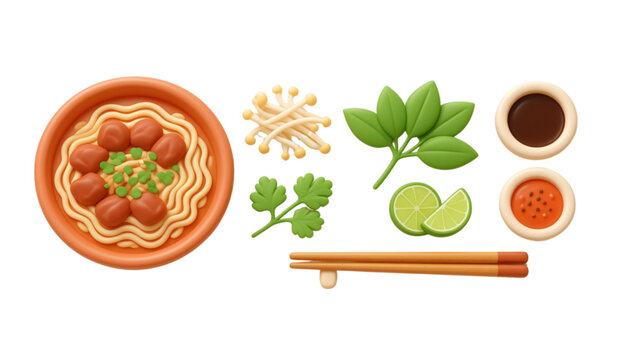 Pho Bowl & Garnish: A detailed pho noodle soup bowl with beef slices, rice noodles, bean sprouts, basil leaves, cilantro, lime wedges, hoisin sauce, chili oil, and a pair of chopsticks