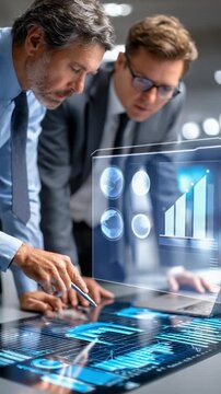 Strategic Partnership: Two astute business professionals intently analyze a complex data visualization, immersed in a collaborative environment that promotes focused strategic planning.