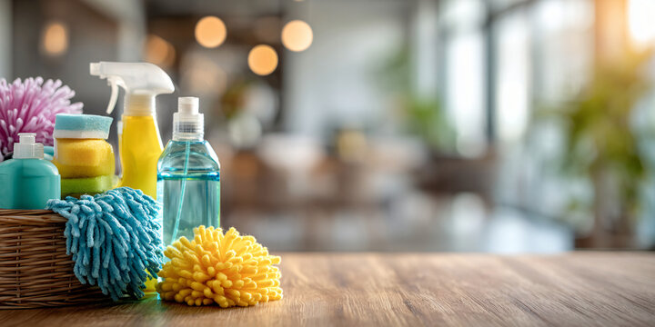 Cleaning Products Basket on Table with Flowers