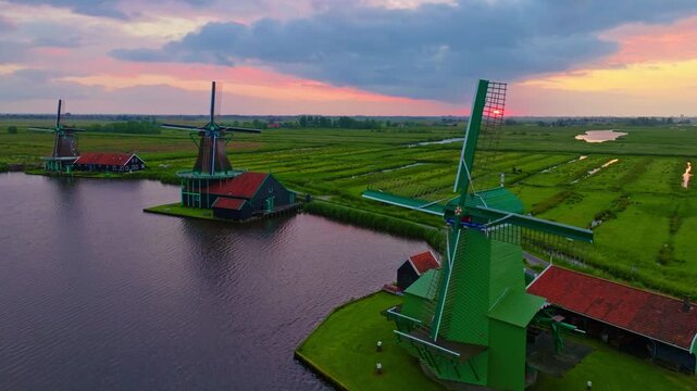 Zaanse Schans Windmills Aerial Drone View in the Netherlands 4K