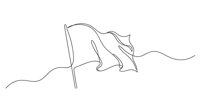Minimalist single line drawing of a waving flag on a pole against a white background symbolizing freedom and victory
