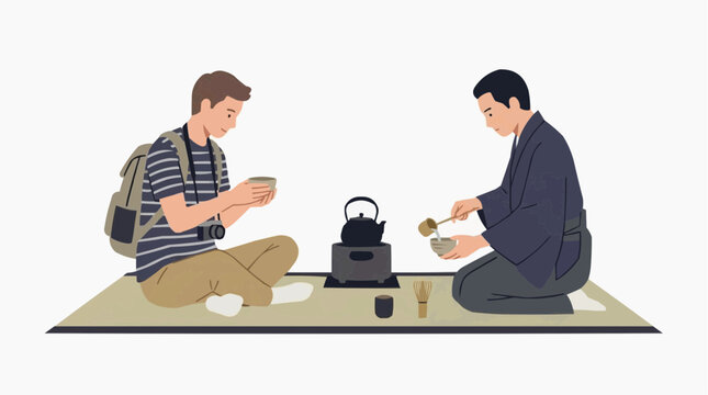 Tourist experiences traditional Japanese tea ceremony with a local host vector style