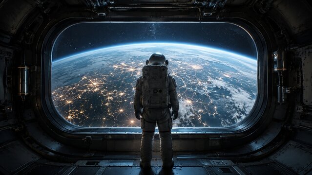 Astronaut space earth window night city light orbit futuristic exploration