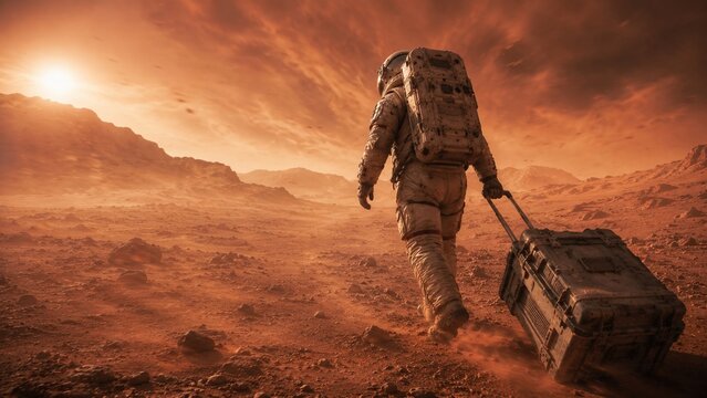 Astronaut space suit Mars suitcase sunset adventure exploration determination red landscape