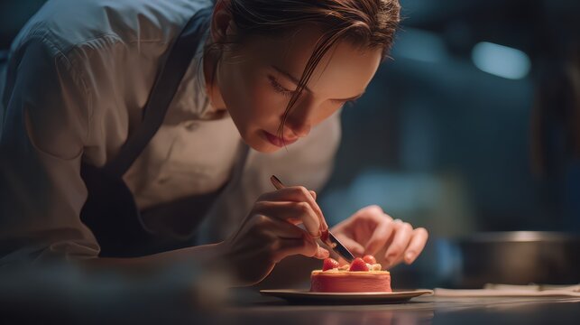 woman pastry chef preparing a small dessert portion, minimal kitchen setup, detailed precision, realistic anatomy, clean 8k realism