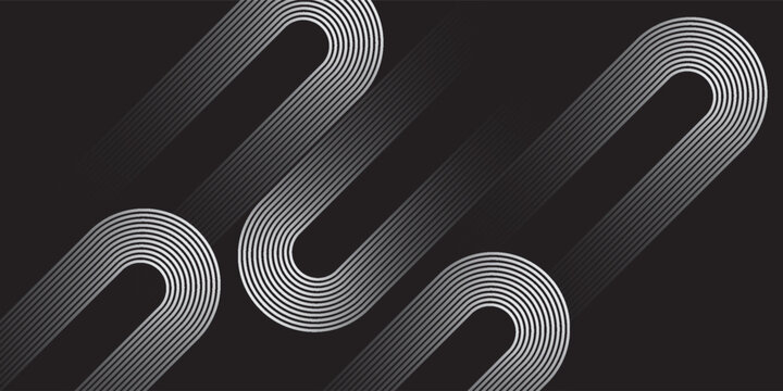 Modern monochrome abstract composition featuring flowing parallel lines and rounded geometric shapes