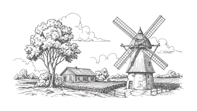 Rural landscape with windmill and farmhouse tree field clouds