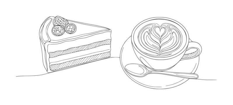 Slice of layered cake with berries and coffee with latte raspberry