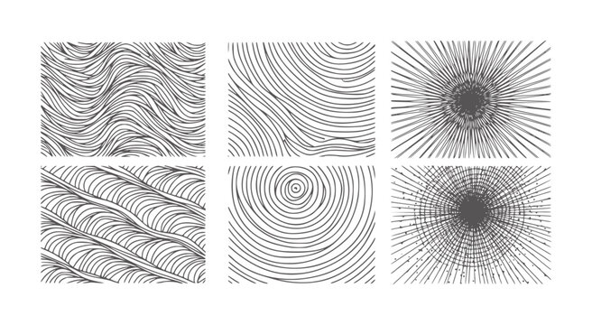 Six abstract black and white line patterns with wavy circular and radial