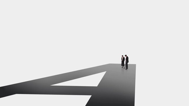 Miniature business couple standing on giant letter A in minimalist stop motion scene. Concept of grade, ambition, brand mark, first step, achievement and corporate identity animation.