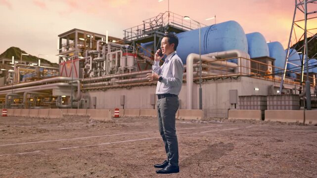 Full Body Side View Of An Asian Male Worker Standing at Plant with Gas Storage Tanks and Complex Pipeline System at Sunset, He Is Speaking With Someone In The Phone And Moving His Left Hand