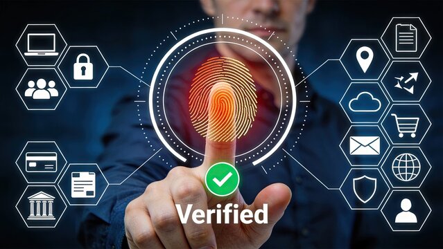 Futuristic biometric fingerprint scanner verification on digital interface. Cyber security concept for identity authentication, data protection, privacy, banking login and access