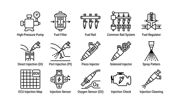Fuel injection icons labeled as automotive components on white