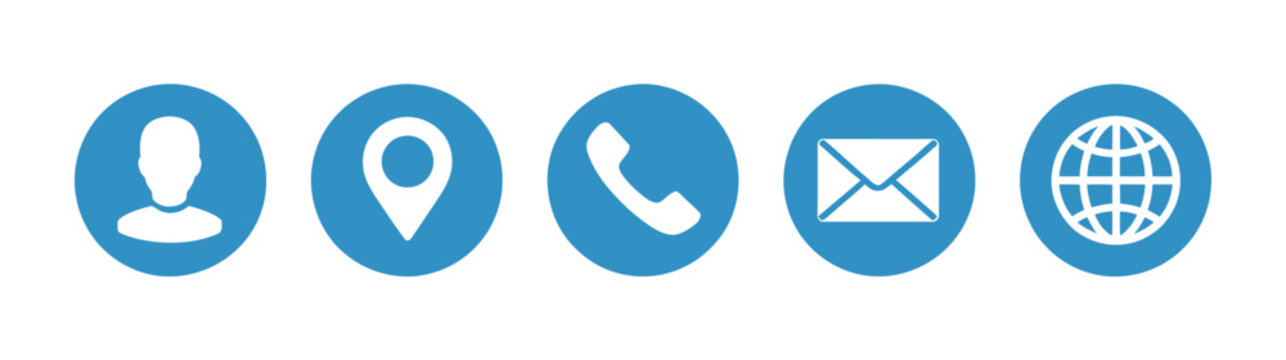 Contact information icon set with blue business card and website symbols for phone, email, address, and online details.