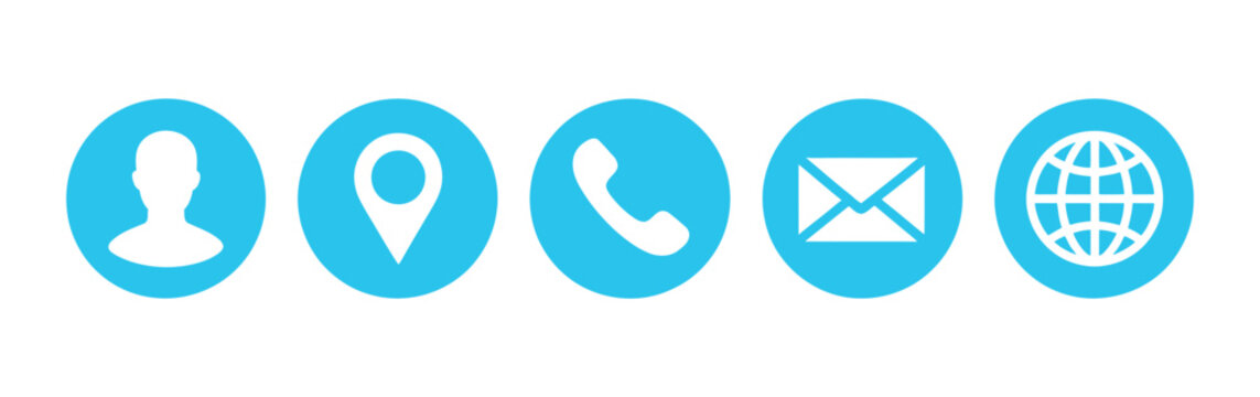 Business card and website contact icon set featuring blue symbols for name, location, phone, email, and web address information.