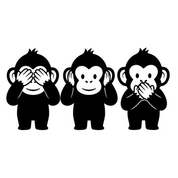 Three wise monkeys graphic illustration in black and white