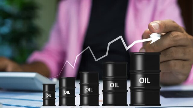 Oil and gas drum container graph bar arrow glowing holographic touching a businessman, Rising oil prices concept with barrels and upward growth chart
