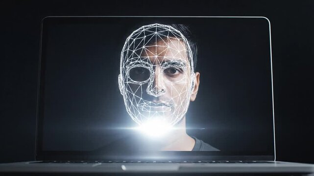 A facial recognition scan on a laptop screen shows a grid over a man's face as a light bar moves down, transitioning his expression from neutral to a subtle smile.