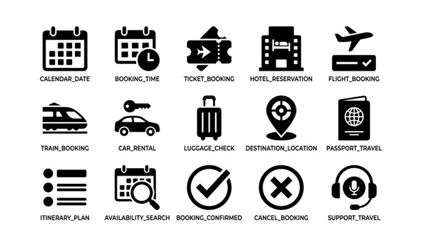 Travel booking and reservation icons showing tickets and calendar