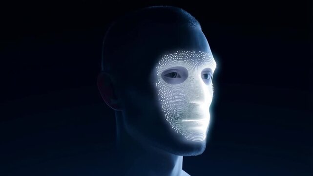 A man's face being scanned by a digital point cloud as he turns towards the camera against a dark background, symbolizing facial recognition and biometric security.