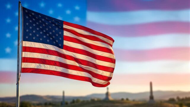 American flag waving over a cemetery at sunset. Patriotism and remembrance for Memorial Day celebration. National symbol of unity for tribute to fallen hero.
