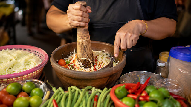 Authentic Som Tam Thai Street Food Salad with Tomato and Long Beans