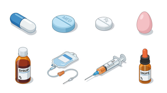 Common Drug Delivery Formats and Methods Set - Medical Icons for Capsule, Tablet, Syrup, Infusion, Injection, and Drops