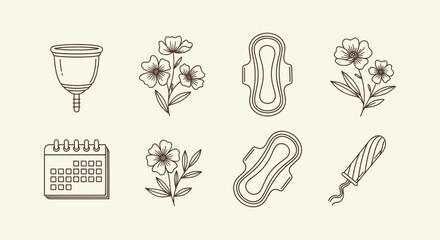 Feminine Hygiene Product Icons Set with Menstrual Cup Sanitary Pads Tampon Calendar and Flowers. © RUMA