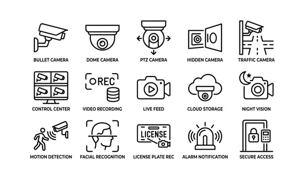 Surveillance devices displaying types and features on white background