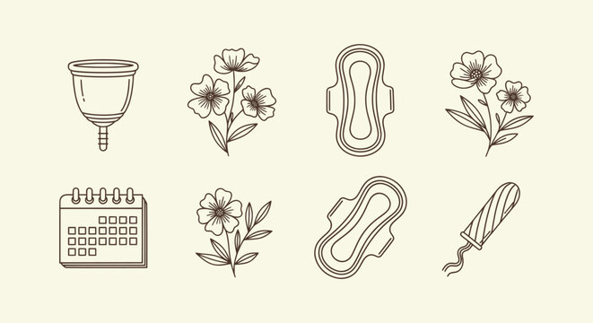 Feminine Hygiene Product Icons Set with Menstrual Cup Sanitary Pads Tampon Calendar and Flowers.