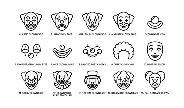Clown face icons showing multiple expressions and accessories grid