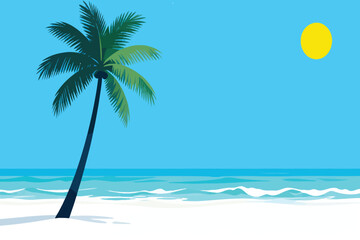 Obraz premium Minimal Tropical Beach with Palm Tree and Blue Ocean Vector Illustration, clean summer vacation landscape with sunny seaside and calm relaxing atmosphere