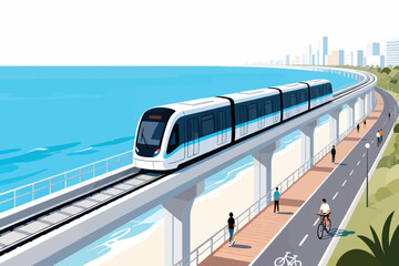 Fototapeta premium Modern Coastal Train Transportation Vector Illustration, futuristic railway travel along tropical seaside with clean public transit concept