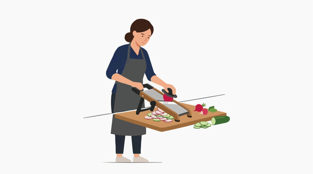 Woman slicing vegetables with a mandoline slicer on a cutting board preparing food vector style