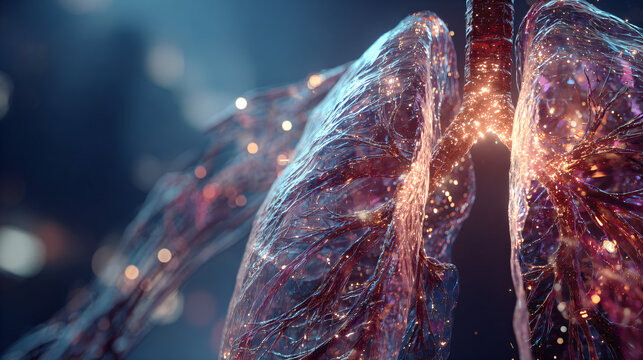 3d human lungs with glowing bronchial tree isolated on transparent background